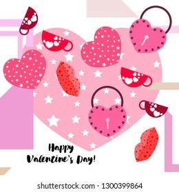 Valentine's Day, mug, lock, lips, heart, vector background