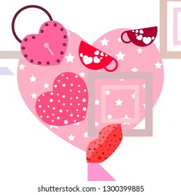 Valentine's Day, mug, lock, lips, heart, vector background