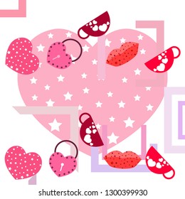 Valentine's Day, mug, lock, lips, heart, vector background