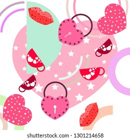 Valentine's Day, mug, lock, lips, heart, vector background