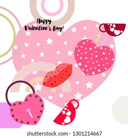 Valentine's Day, mug, lock, lips, heart, vector background