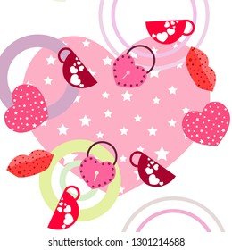 Valentine's Day, mug, lock, lips, heart, vector background