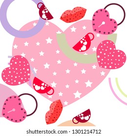 Valentine's Day, mug, lock, lips, heart, vector background