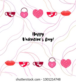 Valentine's Day, mug, lock, lips, heart, vector background