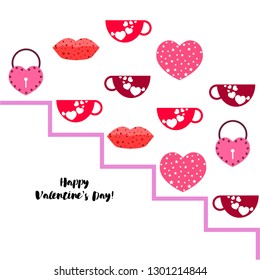 Valentine's Day, mug, lock, lips, heart, vector background