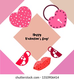 Valentine's Day, mug, lock, lips, heart, vector background