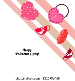 Valentine's Day, mug, lock, lips, heart, vector background