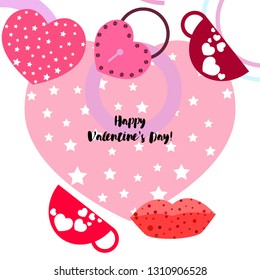 Valentine's Day, mug, lock, lips, heart, vector background