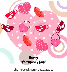 Valentine's Day, mug, lock, lips, heart, vector background