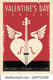 Valentines day music concert artistic poster design with violin, heart shape and Cupid wings. Vintage vector illustration.