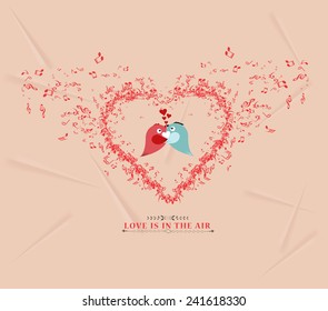 Valentines day music elementsand couple bird greeting card