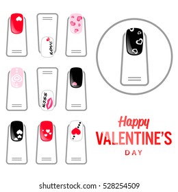 Valentine's Day Nails. Trendy Manicure Types Painted With Hearts. Set For Your Design. Holiday Icon Concept In Color. Vector Illustration