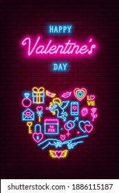 Valentine's Day neon baner, flyer, poster, greeting card. Valentine day neon signs on brick wall background. Vector illustration