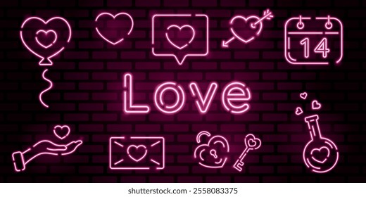 Valentines day neon collection. Love stickers and icons. Isolated neon elements. Baloon, hearts, chat, calendar, envelope, bottle, lock and key, hand with heart. Wedding concept. Vector illustration. 