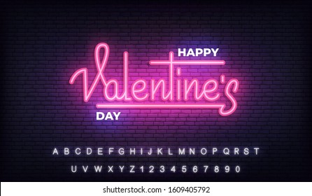 Valentines Day neon. Happy Valentines Day light glowing lettering sign