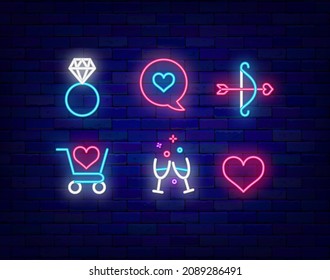 Valentines day neon icon set. Love, heart and chat. Romantic drink. Diamond ring. Wedding concept. Night bright item. Outer glowing effect collection. Editable stroke. Isolated vector illustration