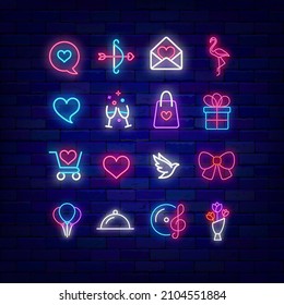 Valentines day neon icon set. Glowing symbol collection. Romantic holiday. Love, present and dinner. Vector illustration
