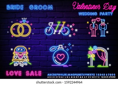 Valentines Day neon icons set, a collection of neon-style wedding banner templates. Set neon signs, posters for shop design, colorful banner, neon advertising. Wedding Neon Label Set