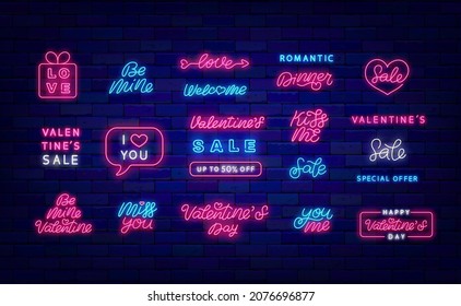 Valentines day neon lettering set. Be mine. You and me. Love calligraphy. Kiss me. Holiday sale script. Night bright sign. Outer glowing effect emblem collection. Vector stock illustration