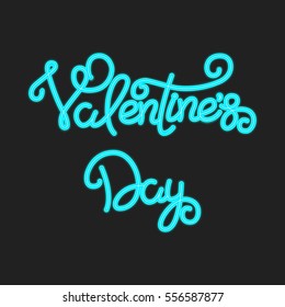 Valentines Day neon lettering. Shiny lights text.