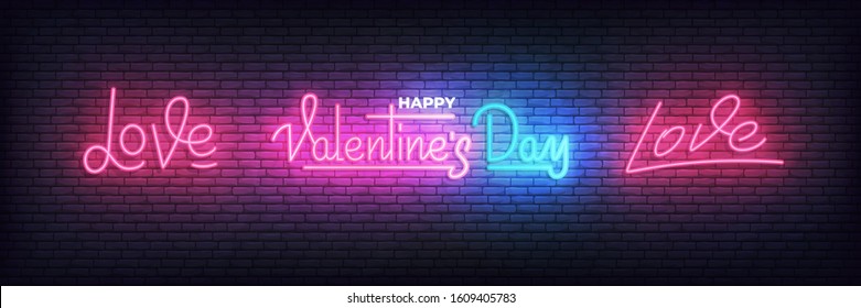 Valentines Day neon set. Happy Valentines Day light glowing lettering sign