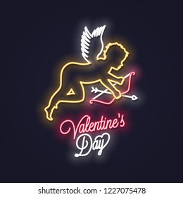 Valentines day neon sign. Cupid with bow and arrow neon banner