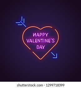 Valentines day neon sign. Glowing neon sign of text Happy Valentine`s Day. Letters glowing in retro colors. February 14 holiday.