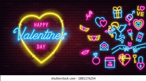 Valentine's Day neon sign on dark brick wall background and glowing neon signs. Horizontal banner, flyer, poster, greeting card or neon background for Love and Valentine's day concept.