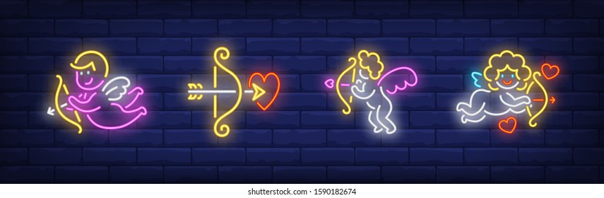 Valentines Day neon sign set. Baby Cupid arrow, bow, heart. Vector illustration in neon style, bright banner for topics like love, celebration, February