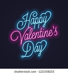 Valentines Day Neon Sign. Vintage Valentine Lettering Neon Banner On Dark Background