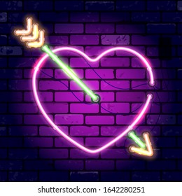 Valentines day neon signboard with heart and arrow. Bright night signboard brick wall sign. Vector illustration with realistic neon icon