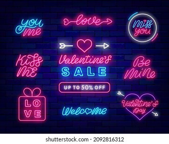 Valentines day neon signboard lettering set. Love text. Kiss me. Be mine calligraphy. Night bright sign. Outer glowing effect emblem collection. Isolated vector stock illustration