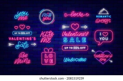 Valentines day neon signboard set. You and me. Love lettering. Kiss me. Be mine lettering. Night bright sign. Outer glowing effect emblem collection. Isolated vector stock illustration