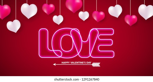 Valentine's day Neon Text., banner template. red heart with lettering on background. tags poster design Vector brochure.