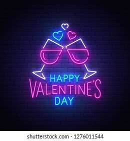 Valentines Day neon text, bright signboard, light banner. Happy Valentine's Day logo neon, emblem. Vector illustration