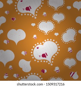 Valentines Day. Neutral, orange and white Vector illustration. Seamless pattern with Ethnic Hearts, in retro 80s style for fabric print, paper print and website backdrop.