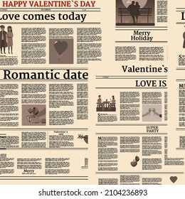 Valentine's day newspaper seamless pattern. Background with title header, unreadable text, retro. Vector illustration vintage