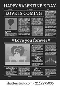 Valentinstag Zeitung nahtlose Muster. Hintergrund mit Titelzeile, unlesbarer Text, Retro. Vektorgrafik-Vintage