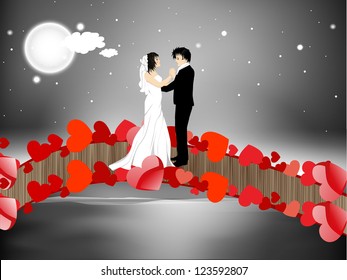Valentines Day night background with newly married couple dancing on a love bridge. EPS 10.