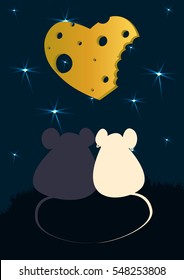 Valentine's Day night landscape. Lovers mouses watching the Moon at night. It can be used as poster, background, card. Vector. Abstract.