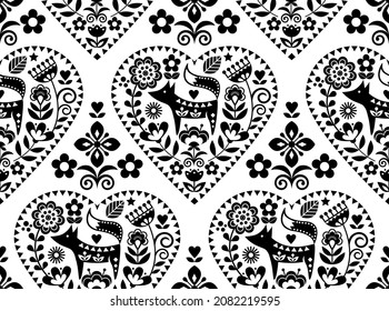 Valentine's Day Nordic repetitive ornament with fox and floral motif on white background in black and white. Cute hearts, flowers and animals design, monochrome wallpaper - love, relationship concept
