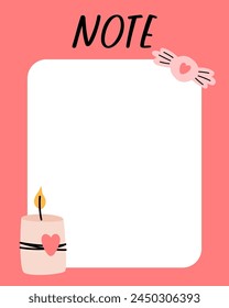 Valentines day notes list template. Organizer and Schedule with place for Notes. Good for Kids. Vector illustration design for planner.