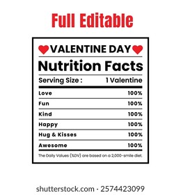 Valentine's Day Nutrition Facts, Nutrition facts table of love.