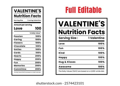 Valentine's Day Nutrition Facts, Nutrition facts table of love.