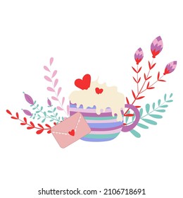 Valentine's Day object  about love and romance isolated on white background - striped cup with hearts and flowers. For wrapping paper, cards, backgrounds, postcards, congratulations