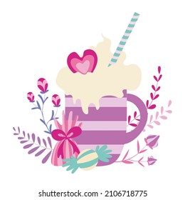 Valentine's Day object  about love and romance isolated on white background - striped cup with hearts and flowers. For wrapping paper, cards, backgrounds, postcards, congratulations