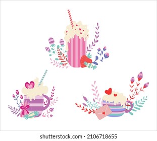 Valentine's Day objects  about love and romance isolated on white background - striped cups with hearts, sweets, and flowers. For wrapping paper, cards, backgrounds, postcards, congratulations
 