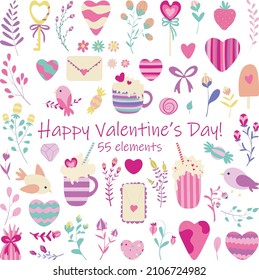 
Valentine's Day objects. Cute elements about love and romance isolated on white background. For wrapping paper, cards, backgrounds, postcards, congratulations and poster.