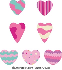 
Valentine's Day objects. Pastel colored hearts on white background. For wrapping paper, cards, backgrounds, postcards, congratulations and poster.