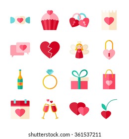 Valentines Day Objects Set isolated over White. Flat Design Vector Illustration. Collection of Love Wedding Items.